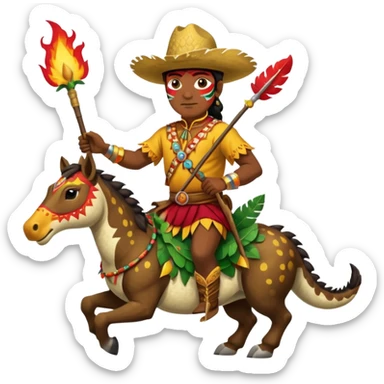 Male Chief Osceola wearing traditional Seminole garb and face paint , riding Appaloosa horse and planting a spear with feathers and flames on tail, into an alligator sticker