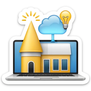 Emoji de una agencia creativa: edificio moderno pequeño con laptop y bombilla de ideas, estilo emoji minimalista, colores planos, líneas limpias, aspecto profesional y amigable, fondo transparente. sticker