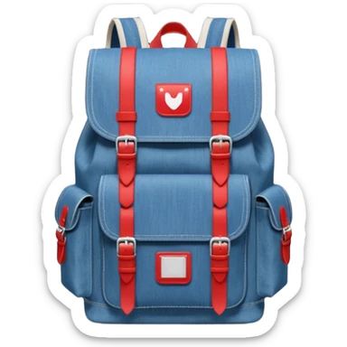a blue denim backpack with a flap top, two vertical *black buckle straps* on the front. The backpack has two side pockets and a soft square shape. at front pocket bottom side, red and white two divided logo like tommy hilfiger 

 sticker