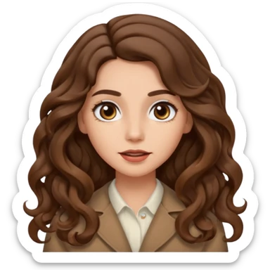 She has long, brown hair styled in soft wavy curls with a middle part. She has well-shaped eyebrows and dark brown eyes. She is wearing light makeup that highlights her natural beauty and is offering a slight smile to the camera. She is surprise sticker
