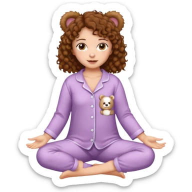 Woman with brown eyes, brown curly hair, white skin, full body in cute pijama bear sticker