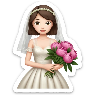girl in a chic wedding dress and with peonies in her hands sticker