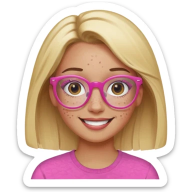 Innocent blonde woman with black eyes and light  brown skin and pink glasses and freckles smiling  sticker