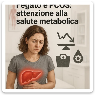 realistic illustration of a woman with PCOS, liver area highlighted with red halo and metabolic difficulty symbols, worried expression, clinical background, Italian text: 'Fegato e PCOS: attenzione alla salute metabolica', 4K quality sticker