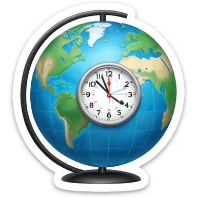 Earth globe with analog clock in corner, timezone symbol, iOS emoji style sticker