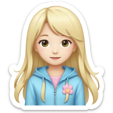 Cute kawaii emoji-style Japanese K-pop girl, blonde long hair , trendy K-pop outfit with Japanese cute fashion vibes, big sparkling eyes, chibi proportions, clean lineart, pastel colors, cheerful idol smile, sticker/emoji style, transparent background sticker