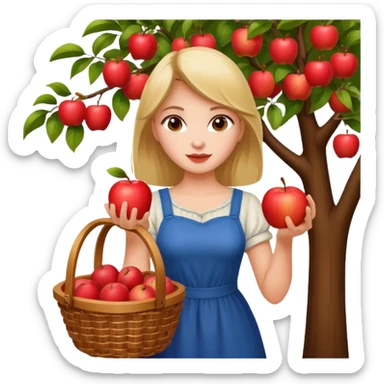 Attractive Girl picking an apple off a tree with a basket of apples sticker
