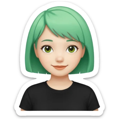Girl with Mint Bob Cut – short green hair, cheerful smile, black t-shirt sticker