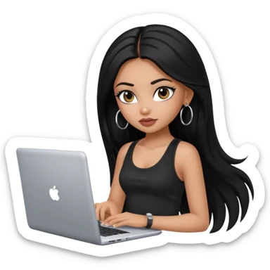 a pretty bratz dusky girl with long black hair, kajal under eyes, small silver hoop. black tank top on. laptop in hand sticker