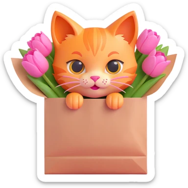 A cute orange kitten peeking out of a paper bag filled with pink tulips, in 3D iOS emoji style with soft gradients and glossy finish, no background. sticker