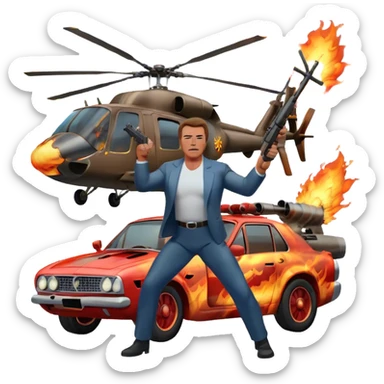 Icon for Action Movies: Arnold Schwarzenegger in the lead role, in an intense action pose with weapons, explosions, a car and helicopter flying out of flames in the background. The design should capture the explosive energy and heroism of classic action films. Transparent background. sticker
