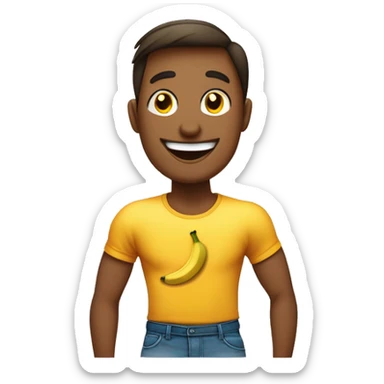 L'emoji montre un jeune homme portant un T-shirt avec une banane souriante dessus et fermant les yeux avec des joues rouges, suggérant un léger sentiment de défi ou d'espièglerie. sticker