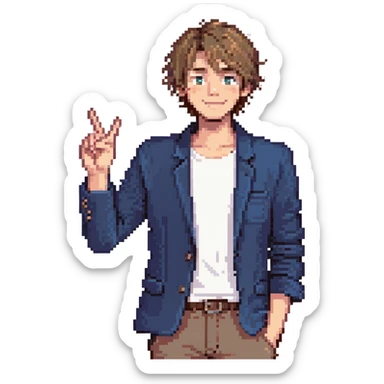 Flat pixel are, lively and clever male debater, fair skin, short messy light brown hair, sharp eyes with a mischievous smile, wearing indigo blazer over a casual t-shirt, one hand raised mid-gesture, waist-up, front-facing sticker