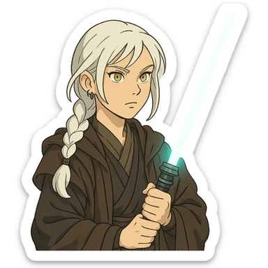  a closeup portrait of young woman with gold yellow eyes, white hair, long braid, black off-shoulder top, punk gothic style, futuristic cyberwave cyberpunk,  jedi attire and posture robes of a padawan, foreweilding a bright blue-green lightsaber sticker