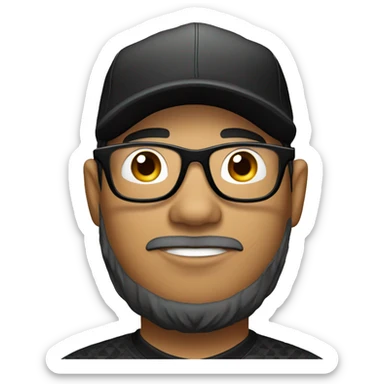 filipino golfer face wearing black rimmed glasses, with light beard, and black cap sticker