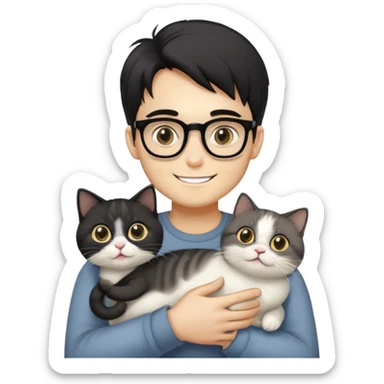 Young man with warm yellow-toned skin, long face, black back-length hair, large eyes, thin-rimmed square glasses, smiling gently while holding a grayish-white Munchkin cat with short legs and a gray patch under its mouth sticker