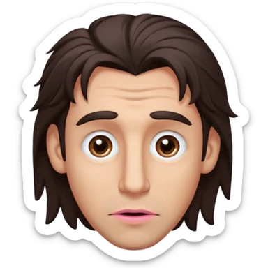 Handsome white man with big brown eyes thin pink lips long nose and dark brown messy hair cover his forhead and hair coming in eyes sticker