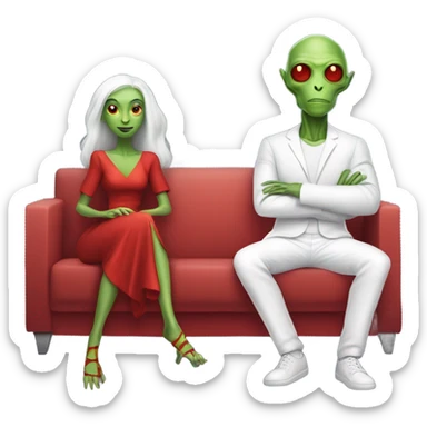 alien reptilian woman in red dress, normal human male in white dress, sitting on a couch  sticker