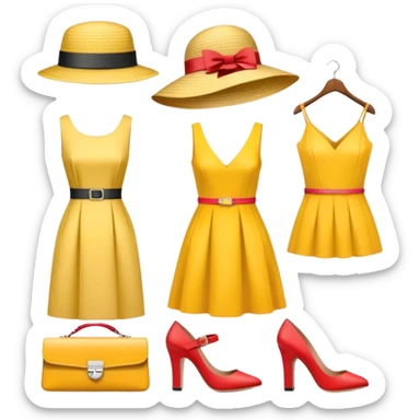 Icon for Fashion Design: a clothing scheme, a measuring tape and a pencil, a stylish hat, a bright dress, shoes and a handbag with measurements. The emoji should represent the creative and precise process of fashion design. Transparent background. sticker