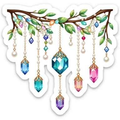 Exotic colorful romantic Few cute tiny Iridescent glistening glossy sparkly shiny glittery hanging crystals pearls and beads and gemstones scenery scenic decorations with branches and flowers sticker