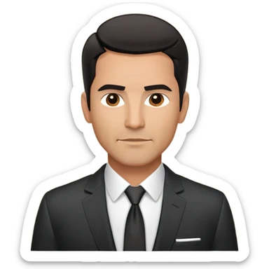 Handsome athletic Hispanic man in his late 40s with tan complexion, short black straight hair combed back with faded sides, square masculine face with defined jawline, neutral-friendly TV presenter expression, black suit jacket worn open with white button-up shirt visible sticker