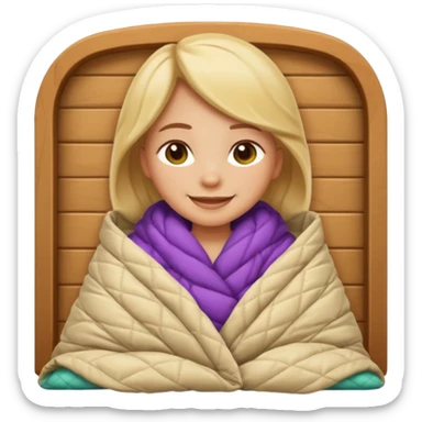 Create an iOS‑style emoji of a girl wrapped in a thick quilted blanket, smiling calmingly with a relaxed, cozy cabin vibe and soft lighting. sticker