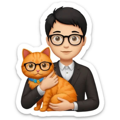 Veterinario hombre trigueño con lentes, con cabello negro y  un gato naranja sticker