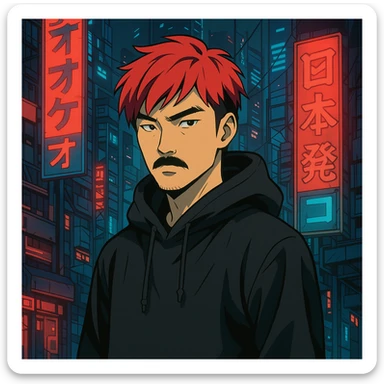 Asian man with black mustache, red hair, black hoodie, futuristic city background, Japanese cyberpunk anime style sticker