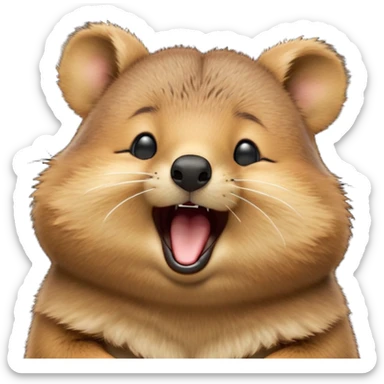 cinematic-realistic  yawning quokka-emoji,-small-round-frame, head tilted in an endearing manner, wouth wide open yawning, sleepy comical smile, round fluffy cheeks, giant-fluffy-cheeks-large-smile-fluffy-brown-fur-radiating-a-warm-softness,-big-round-eyes-filled-with-joy, realistic round  fluffy zoomed in, large black eyes one paw raised in the air sticker