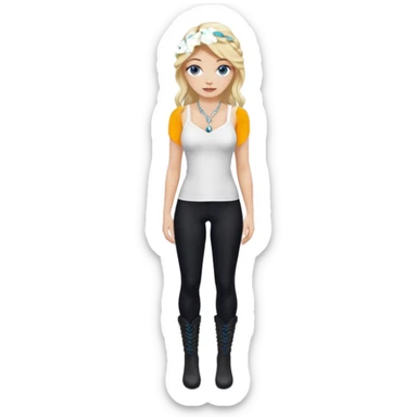 2yk Viktoria Secret Blonde Beauty model silk balayage long hair herringbone braid women with blue eyes wearing White Spaghetti top and black Leggins and Boots with heels and a Subtle rhinestone necklace  sticker