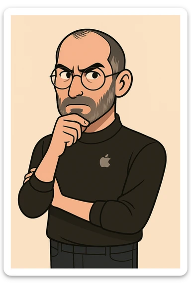 Add a subtle Apple logo to Steve Jobs' turtleneck, preserving the creative genius vibe of the image. sticker