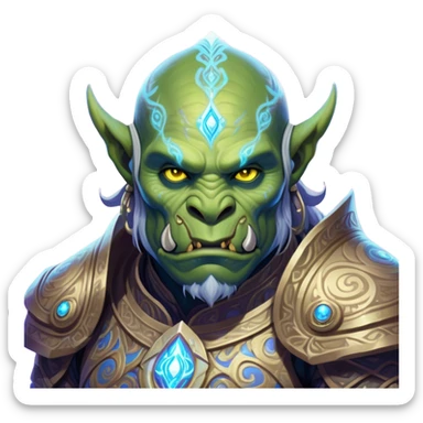 A luminescent galactic enchanted orc, his ethereal presence shimmering with otherworldly energy, each detail radiating with mystical power and ancient wisdom. The painting, a masterpiece of acrylic art, captures the orc's hauntingly beautiful visage in exquisite detail. Swirls of cosmic colors dance around him, evoking a sense of celestial wonder, while intricate patterns of glowing runes adorn his intricate armor. The image is vivid and captivating, drawing viewers into a mesmerizing realm of fantasy and magic. sticker