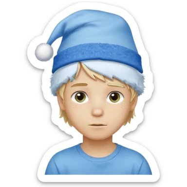 create boy blonde hair long messy, light eyes, white t shirt, rich, long hair, eyes blue, acessory head cristimas blue hat sticker