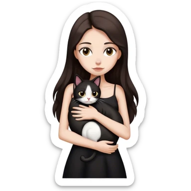 Beautiful skinny woman long dark brown hair in dark dress hug black and white cat emoji sticker