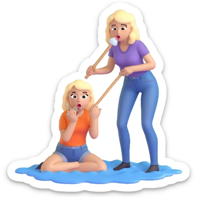 blond woman sitting on her knees with wide eyes, another man in jeans is staying (not sitting) on her left, she's holding a wide skin-colored stick with a D-shaped knob, the stick and the nob have skin texture, water squirting from the knob into her mouth, shocked face sticker