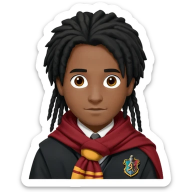 Luke Youngblood is Lee Jordan in harry potter, wear hogwarts uniform, dreadlocks black  hair, black skin,  gryfindor scarf around neck sticker