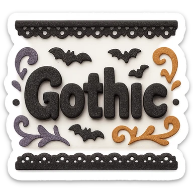 Add gothic motifs such as black lace, tiny bats, and ornate flourishes around the sparkling black text, keep the 3D paper-craft effect, kawaii style, no outline, transparent background. sticker