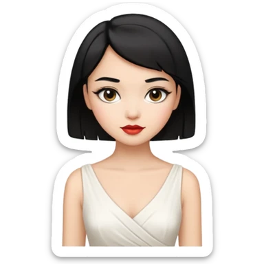 a short black hair girl with elegant white dress, wearing makeup sticker
