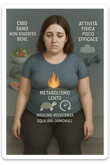 Donna tra i 25 e i 35 anni con fisico leggermente gonfio e postura affaticata, seduta con sguardo stanco. In trasparenza sul suo corpo, si vedono elementi simbolici: una fiamma metabolica molto piccola nel centro dell’addome, una tartaruga accanto a un simbolo di orologio rallentato, indicatori visivi di insulino-resistenza e squilibri ormonali. Intorno a lei: cibo sano non digerito bene, attività fisica poco efficace. Colori spenti attorno al corpo, con toni freddi e lentezza visiva. Stile realistico con elementi infografici e simbolici integrati IN ITALIANO sticker