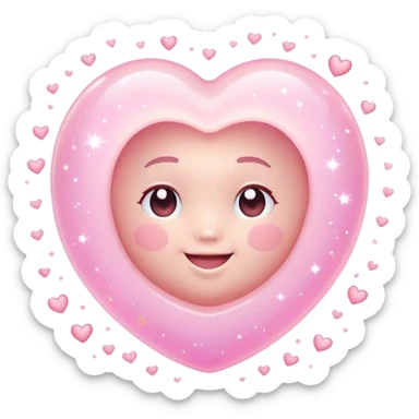Cinematic floating soft heart, chubby round edges, pastel pink glow, tiny smiling face, surrounded by dreamy sparkles, gentle and loving. sticker