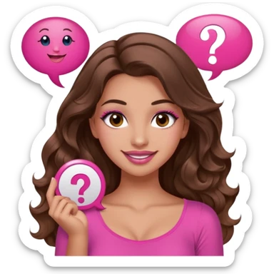 girl with long wavy brown hair, brown eyes, long lashes makeup, sexy pink lips, light to medium complexion, wearing a pink sexy top, shugging, smiling, question mark one speech bubble sticker
