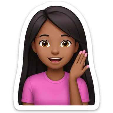 Chocolate brown girl wearing a pink shirt with long straight jet black hair giggling, she has one hand behind her back and one over her mouth  sticker