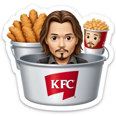 Johnny Depp sitting in a KFC bucket, long hair, goatee sticker