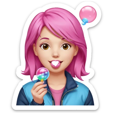 Pink-haired woman in jacket blowing bubble gum sticker