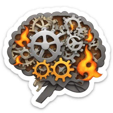 A brain made out of gears with flames licking out from between the gears sticker