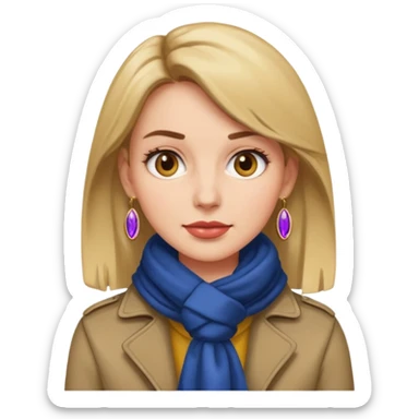 woman with slightly darker hair than original emoji, trendy jacket, scarf, statement earrings sticker