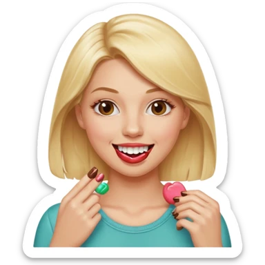 Elle fais une peu petasse, elle se mord le coin la lèvres. Elle est blonde. Ongles vernis marrons. Elle mâche un chewing-gum  sticker