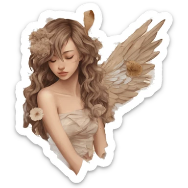 Library book bookworm academia aesthetic beige angel broken angel fallen angel tattoos with broken wing damaged wing torn wing, made of newspaper cuttings and dried flowers brown flowers sticker