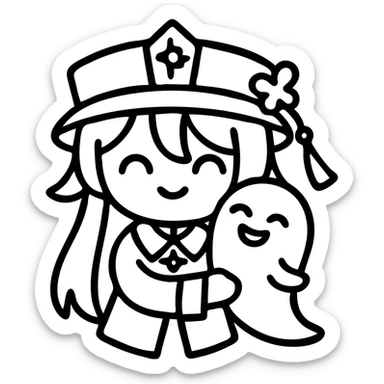 icon of a chibi character with Hu Tao's signature hat and outfit, holding a ghost, simple icon style sticker