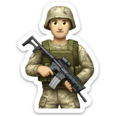 Caucasian marine in camouflage holding a M16 sticker